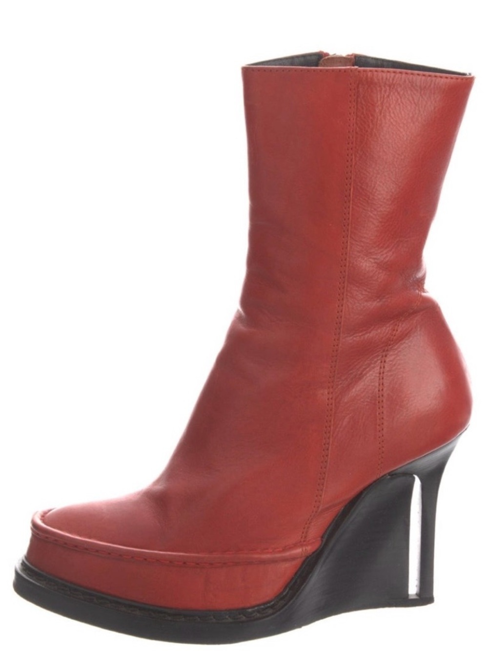 Very rare Ann Demeulemeester Red Leather Mid-Calf Wedge Boot